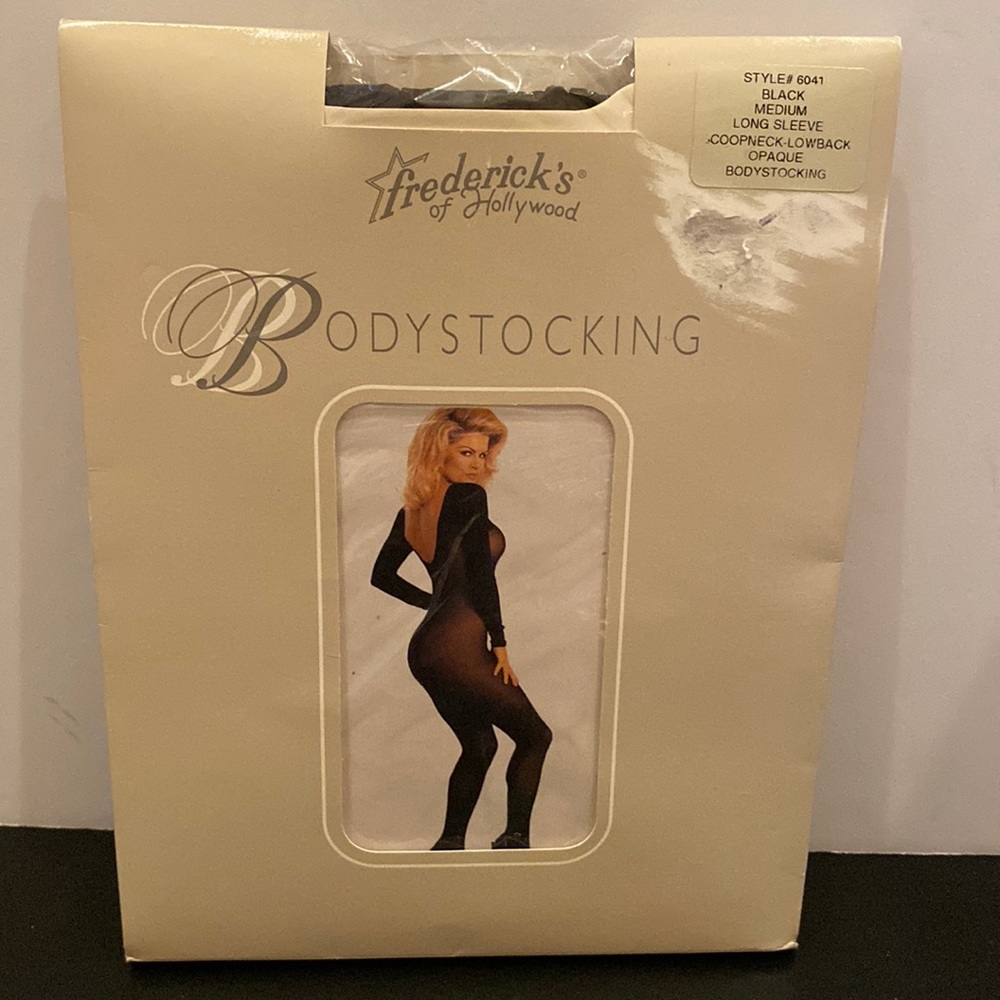 Frederick’s of Hollywood black opaque scoop neck low back body stocking NIP